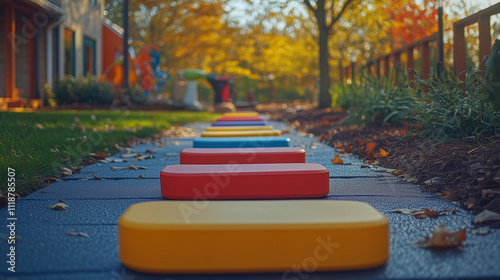 Colorful stepping stones in a therapeutic outdoor environment, enhancing occupational therapy for children