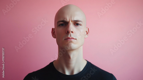 Man with a shaved head stands in front of a pink wall. He is wearing a black shirt and a black vest