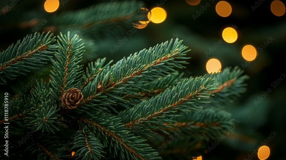 Close-up of Pine Needles with Blurry Lights