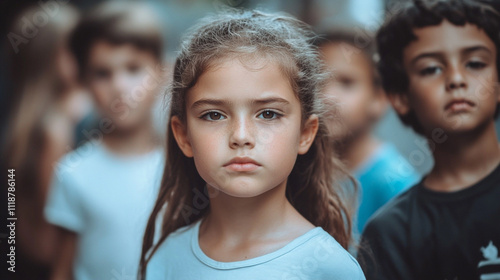 Young girl with brown hair and brown eyes stands in front of a boy with brown hair. The girl is wearing a blue shirt and the boy is wearing a gray shirt. They are both looking at the camera photo