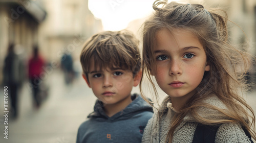 Young girl with brown hair and brown eyes stands in front of a boy with brown hair. The girl is wearing a blue shirt and the boy is wearing a gray shirt. They are both looking at the camera photo