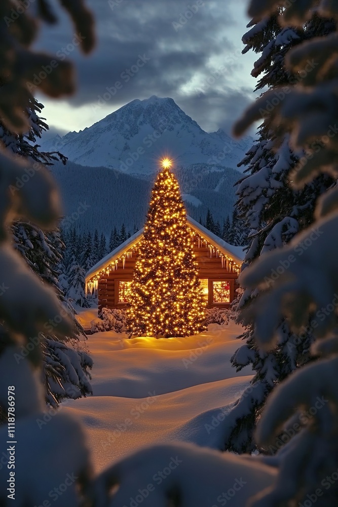 Cozy cabin with festive lights in snowy forest, mountain backdrop at dusk Cozy cabin with festive lights in snowy forest, mountain backdrop at dusk