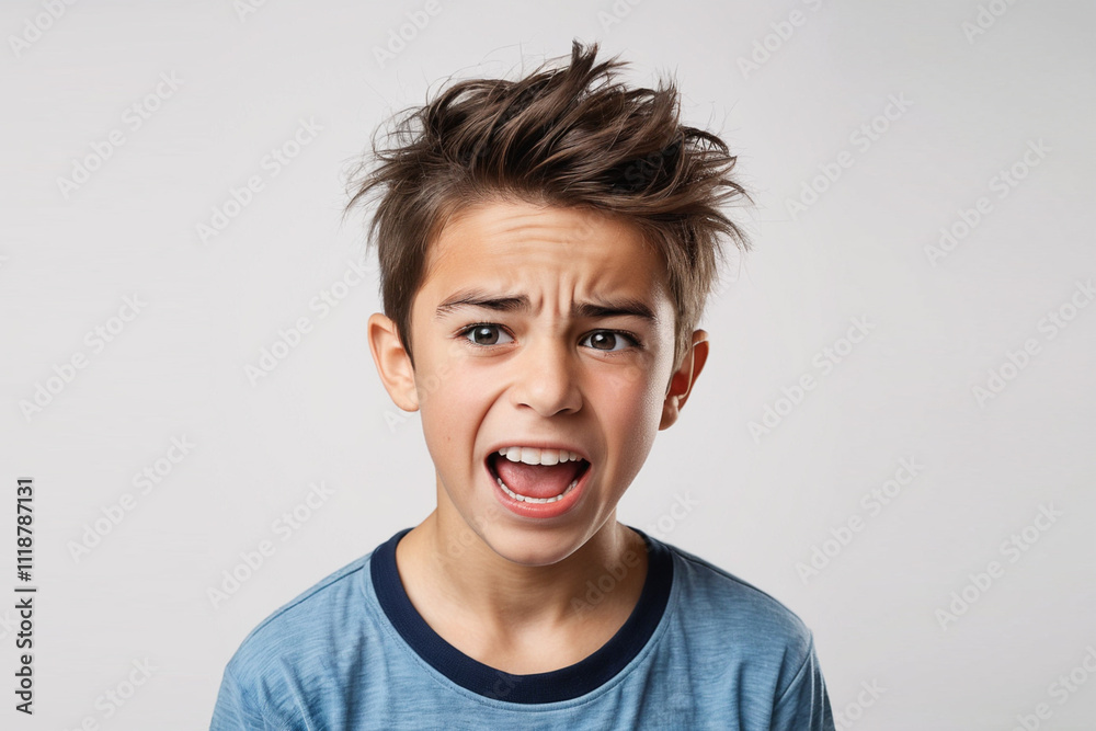 A boy's angry face shouts against plain background. A boy's angry face shouts against plain background.
