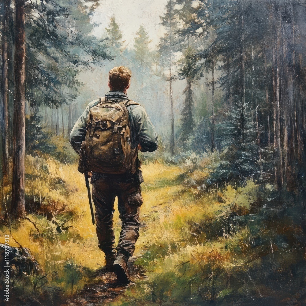 Abenteuerlicher Mann im Wald mit Rucksack Abenteuerlicher Mann im Wald mit Rucksack
