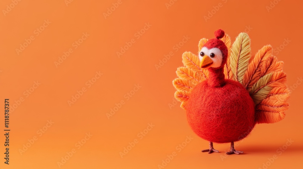Photo of a cute felt turkey on an orange background, representing the holiday season with copy space. Web banner, wide-angle shot at f/2.50; solid color background; aesthetic design element for a soci Photo of a cute felt turkey on an orange background, representing the holiday season with copy space. Web banner, wide-angle shot at f/2.50; solid color background; aesthetic design element for a soci