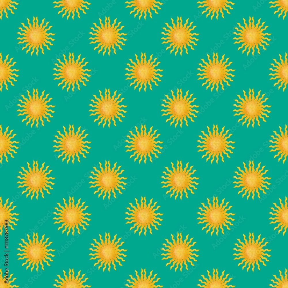 Small Sun Design Seamless Pattern on a Peacock Background Small Sun Design Seamless Pattern on a Peacock Background
