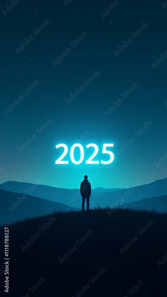 Fototapeta premium A lone silhouette stands on a hill under a starry night, gazing at glowing New Year numbers in the sky. The serene landscape includes soft rolling hills and a subtle aurora glow