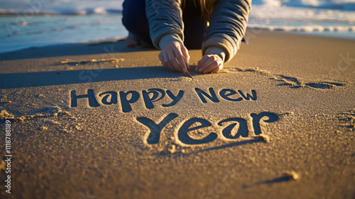 Festive new year message written in sand on a beach at sunset photo