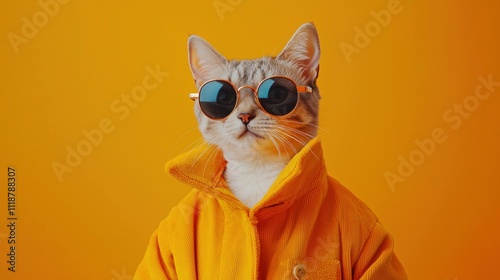 Stylish cat wearing sunglasses and bright yellow jacket against a vibrant yellow background. Unique pet fashion and playful expression concept. photo