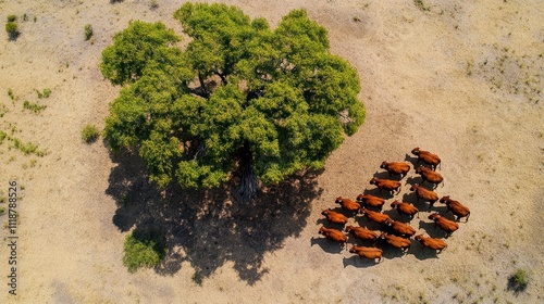 Aerial view of a mob of cattle being mustered past a bottle tree. photo