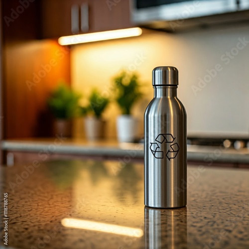 sleek aluminum water bottle with recycle symbol