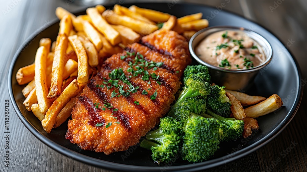 Crispy chicken schnitzel with fries, broccoli, and dipping sauce Crispy chicken schnitzel with fries, broccoli, and dipping sauce