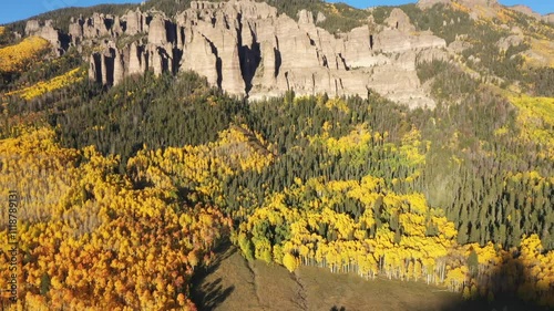 View of the golden aspens below the Cimarron Mountain Range near Ridgway, Colorado during fall.