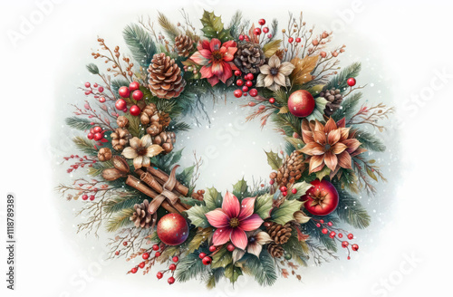 Christmas wreath with red berries and pine cones on white background. Wreath decorated with red and green flowers, festive, holiday feel