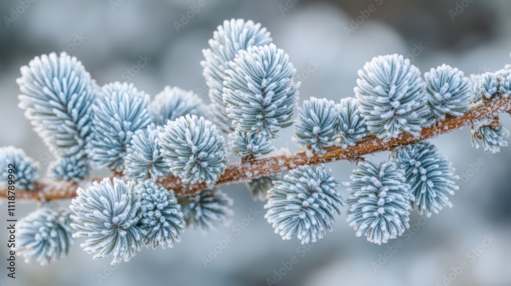 Close-up of Frosty Pine Branch with Delicate Needles Close-up of Frosty Pine Branch with Delicate Needles