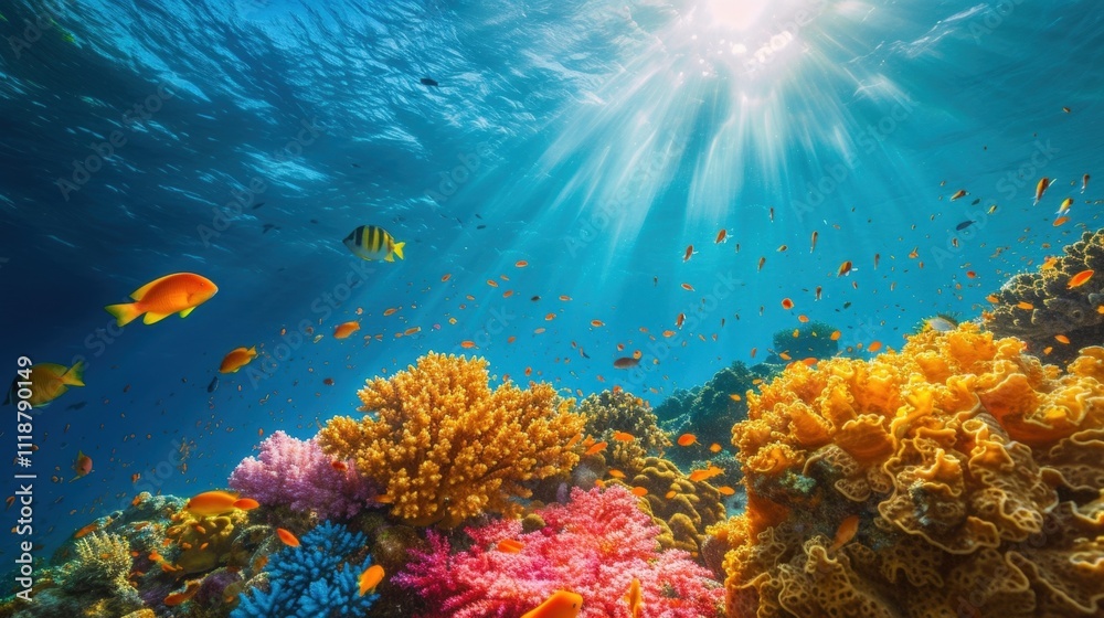 Obraz premium A beautiful coral reef thriving with an abundance of marine life reminding us of the delicate balance of marine ecosystems and the need for responsible stewardship to protect