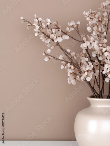 Minimalistic composition with vases and dried flowers in Pantone Mocha Mousse 17-1230 TPG. photo