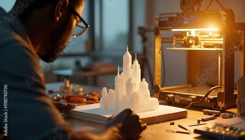 Architect examining 3d printed model of a skyscraper in workshop