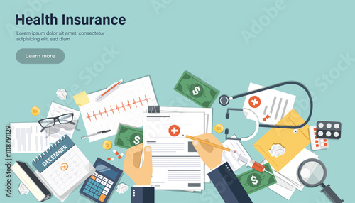 Health care insurance concept. Man fills in the form of health insurance. Flat vector illustration