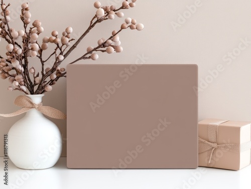 Minimalistic composition with vases and dried flowers in Pantone Mocha Mousse 17-1230 TPG. photo