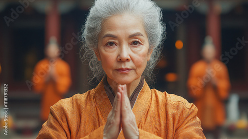 Portrait of calm senior woman with grey hair wearing orange clothes, praying with hands joined in buddhist temple