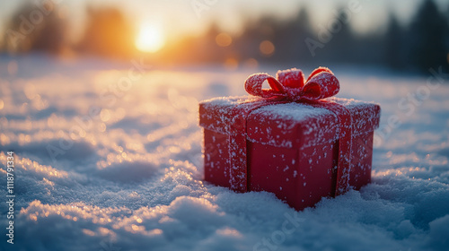 Red christmas gift box with a red ribbon covered with snow in a winter landscape at sunset