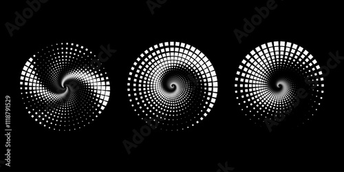 Set of white square halftone dots in vortex form. Geometric art. Trendy design element for logo, tattoo, sign, symbol, web, prints, posters, social media, template, pattern, abstract backdrop