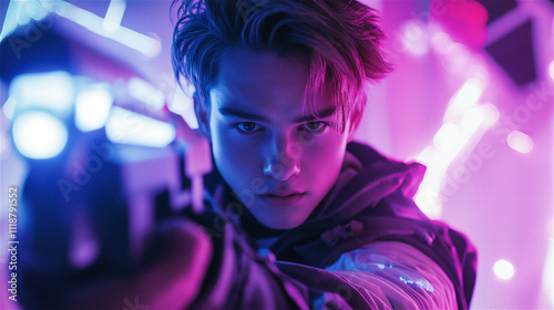 A cyberpunk-inspired man aiming a futuristic gun with neon lights and a glowing urban backdrop, evoking themes of danger and technology. photo