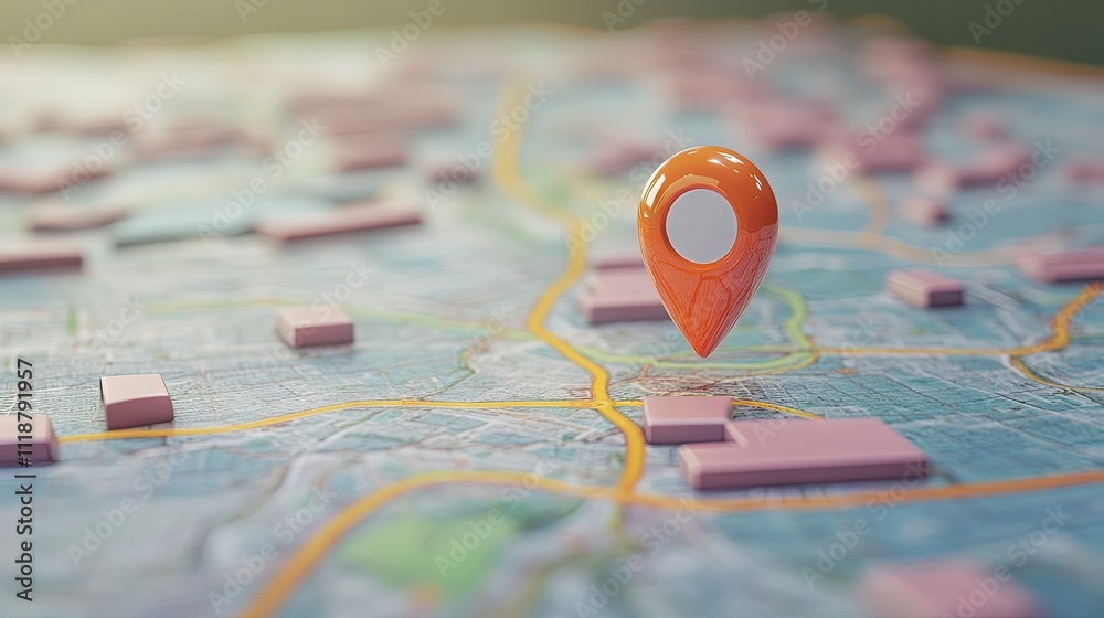 3D orange location pin on a city map, representing GPS navigation and city planning. 3D orange location pin on a city map, representing GPS navigation and city planning.