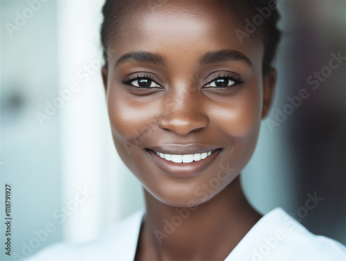 Close-up portrait of a young African woman with glowing skin and warm smile in natural lighting, radiating joy and elegance.