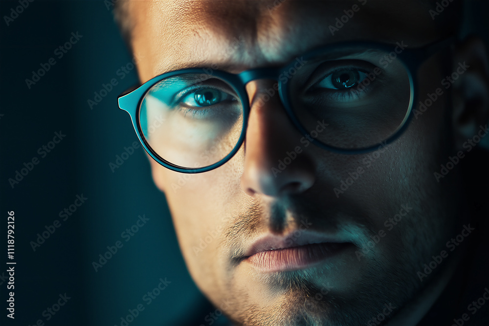 A serious man with glasses staring directly at the camera, emphasizing focus and determination. Close-up portrait with minimalistic background. A serious man with glasses staring directly at the camera, emphasizing focus and determination. Close-up portrait with minimalistic background.