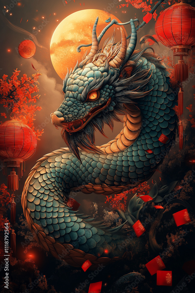 Illustration vibrante pour le Nouvel An chinois 2025, serpent vert et or enroulé autour d'une lanterne lumineuse, décorée de pétards, enveloppes rouges et pleine lune éclatante