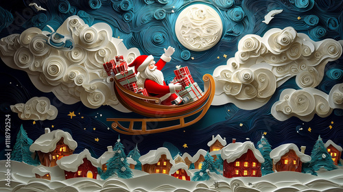 Illustration magique de Noël en art papier avec le Père Noël sur son traîneau