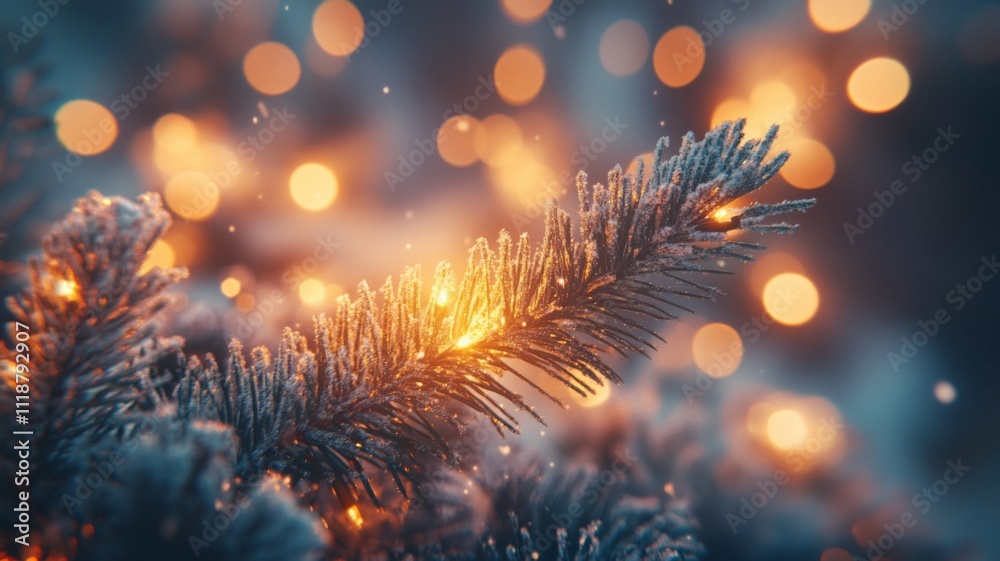 Fototapeta premium Close-up of a Pine Branch Glowing with Festive Lights