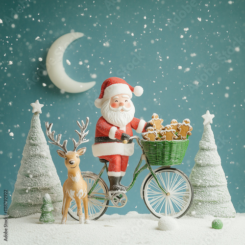 A cute Santa Claus and his reindeer riding the same bicycle in pastel colors.