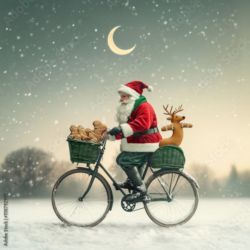 A cute Santa Claus and his reindeer riding the same bicycle in pastel colors.