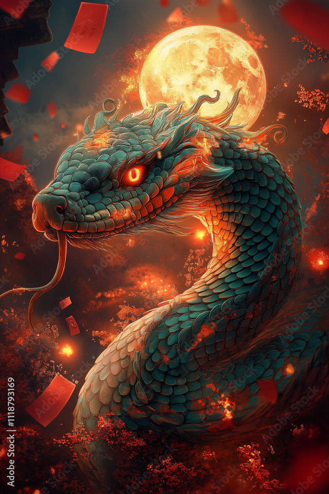 Illustration vibrante pour le Nouvel An chinois 2025, serpent vert et or enroulé autour d'une lanterne lumineuse, décorée de pétards, enveloppes rouges et pleine lune éclatante Illustration vibrante pour le Nouvel An chinois 2025, serpent vert et or enroulé autour d'une lanterne lumineuse, décorée de pétards, enveloppes rouges et pleine lune éclatante