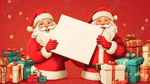 Christmas themed background with santa minimalist design, high resolution,santa claus holding white blank board in both hands, with gifts around.
 photo