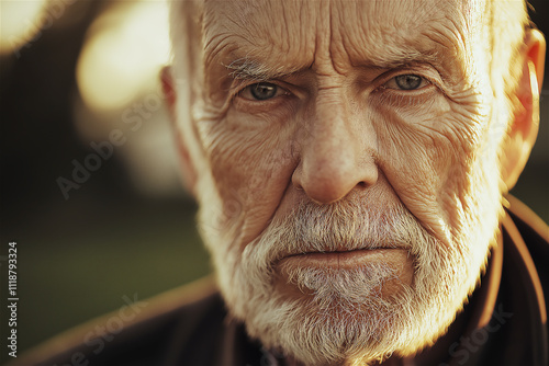 An elderly man with a contemplative expression, capturing a moment of introspection and wisdom in a detailed close-up portrait with warm lighting. photo