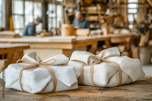 Handcrafted gifts wrapped in cloth on wood table in workshop