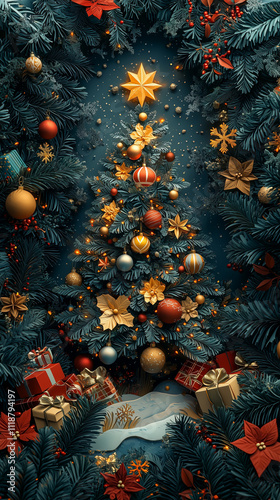 Illustration de Noël en art papier avec sapin décoré