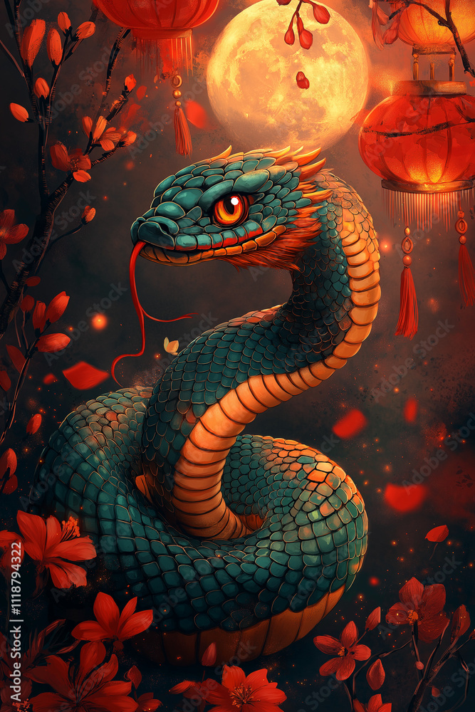 Illustration vibrante pour le Nouvel An chinois 2025, serpent vert et or enroulé autour d'une lanterne lumineuse, décorée de pétards, enveloppes rouges et pleine lune éclatante Illustration vibrante pour le Nouvel An chinois 2025, serpent vert et or enroulé autour d'une lanterne lumineuse, décorée de pétards, enveloppes rouges et pleine lune éclatante
