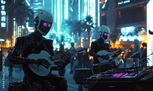 A robotic holiday band playing sci-fi-inspired music on glowing instruments in a futuristic plaza, photo