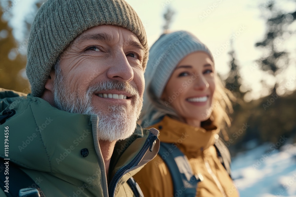 A man and woman are smiling and wearing winter gear A man and woman are smiling and wearing winter gear
