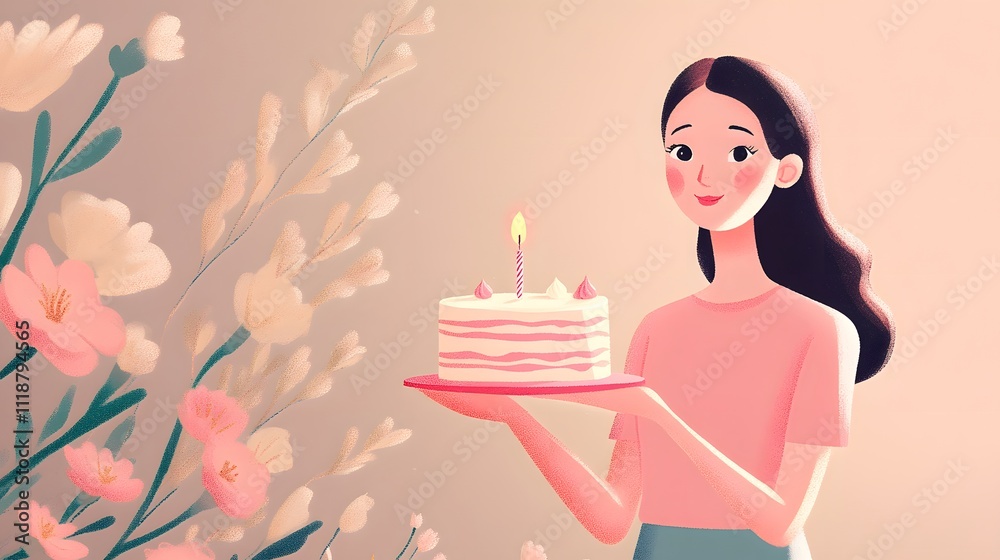 Celebration moment with woman presenting birthday cake with one candle.
Celebration moment with woman presenting birthday cake with one candle.