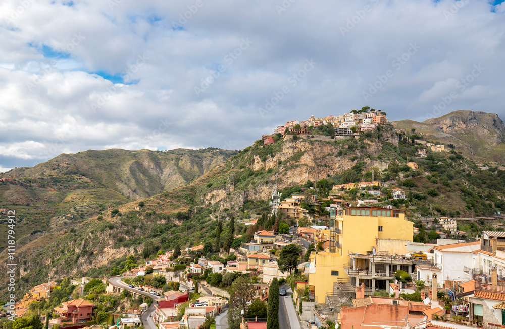 Hilltop village of Castelmola, Sicily, Italy, view from Taormina Hilltop village of Castelmola, Sicily, Italy, view from Taormina