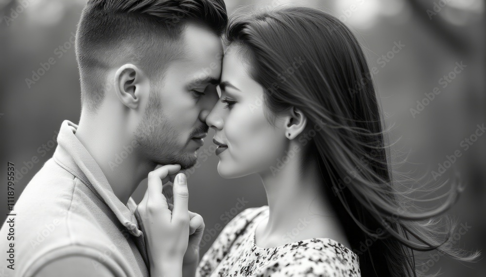 In this striking black-and-white image, a couple leans in closely, their foreheads touching in a tender embrace that radiates intimacy and connection. The soft wind gently tousles the woman's hair In this striking black-and-white image, a couple leans in closely, their foreheads touching in a tender embrace that radiates intimacy and connection. The soft wind gently tousles the woman's hair