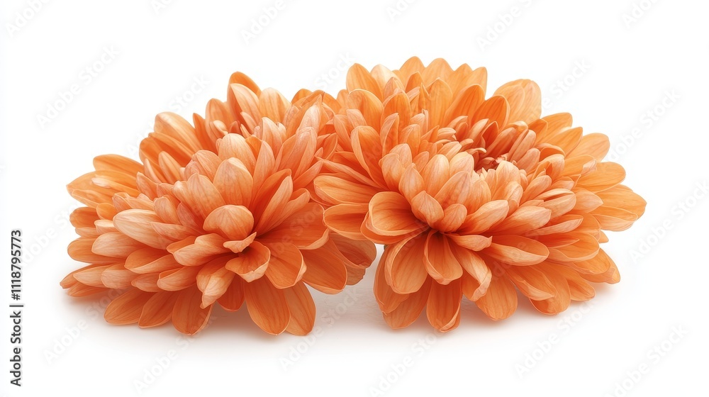 A macro shot of an orange chrysanthemum flower, soft-focus edges, lifelike representation, radiant orange hues, isolated on white background