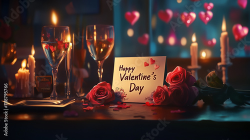 Urocze nakrycie stołu z różami, świecami i kartką "Happy Valentine's Day".

Urocze nakrycie stołu z różami, świecami i kartką "Happy Valentine's Day".

