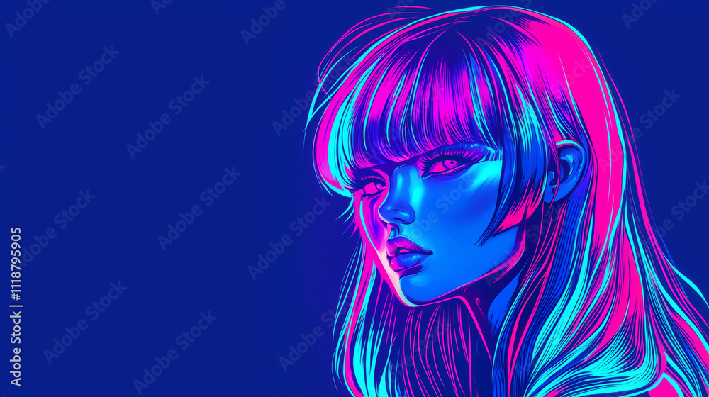 Illustration d’une femme aux cheveux bleus en style néon Illustration d’une femme aux cheveux bleus en style néon